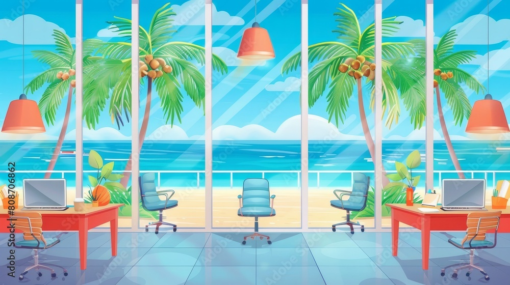Tropical beach view of a seaside business office with palm trees behind large windows. Modern cartoon illustration of laptops and folders on desks, chairs, and lamps. Business workspace.