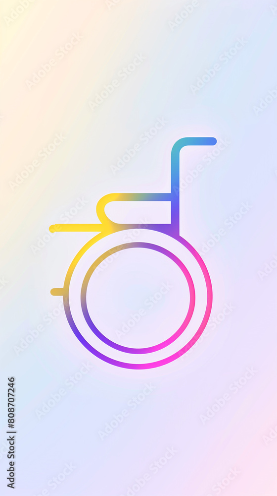 This illustration features a vibrant pastel gradient background with a prominent outline of the wheelchair symbol. In the foreground, there is a circular shape, adding depth to the composition This illustration features a vibrant pastel gradient background with a prominent outline of the wheelchair symbol. In the foreground, there is a circular shape, adding depth to the composition