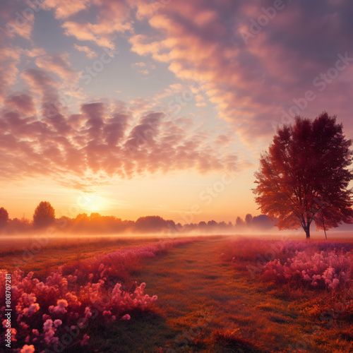 Colorful autumn sunrise on meadow