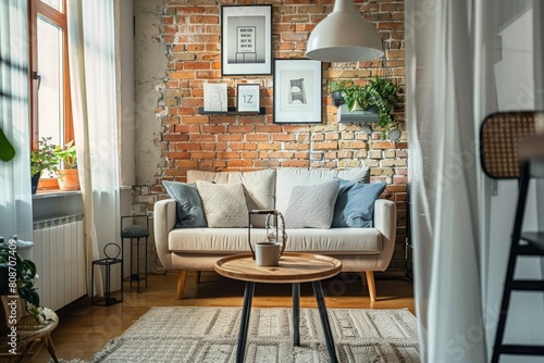 This living room showcases rustic chic aesthetics with exposed brick walls, comfortable seating, and minimalist decor items photo