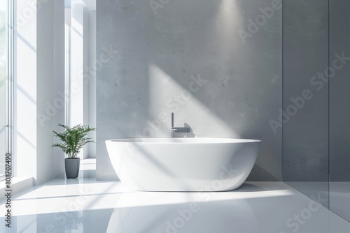 A minimalist and brightly lit bathroom with a large white bathtub casting shadows on a clean, white backdrop
