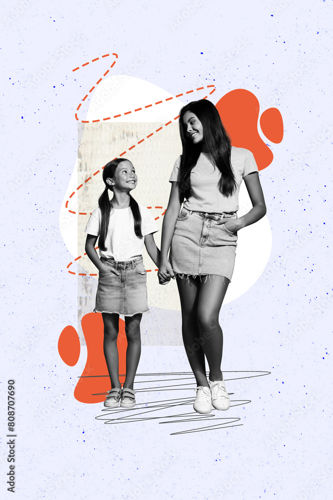 Φωτογραφία Vertical photo collage of happy mommy daughter family harmony hold hands togethe