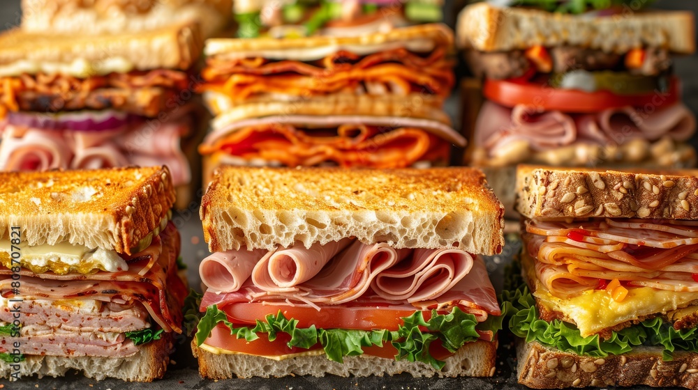 Close up The stacked sandwiches showcase a variety of ingredients and flavors