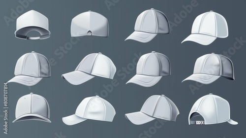 A mockup of a snapback hat from different angles -- front, back, three quarters and side. The mockup includes realistic modern templates of gray snapback hats with visors. The mockup also includes photo