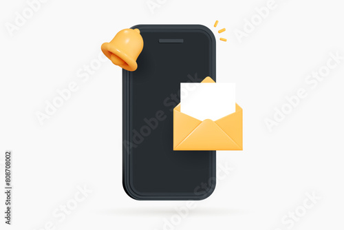 3D Mobile Phone with Open Letter in Envelope and Bell notification. Message sent by email. Online news and newsletter. Social media communication. Mail app service. Cartoon design icon. 3D Vector photo