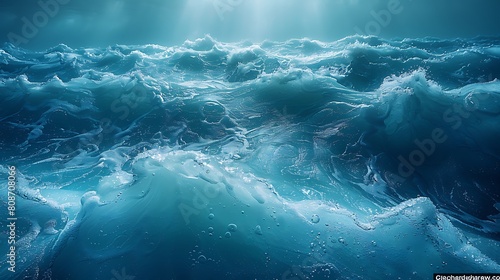 A cinematic portrayal of a submarine journey through deep sea currents, with the camera capturing the fluid, undulating patterns of the dark blue waters around. photo