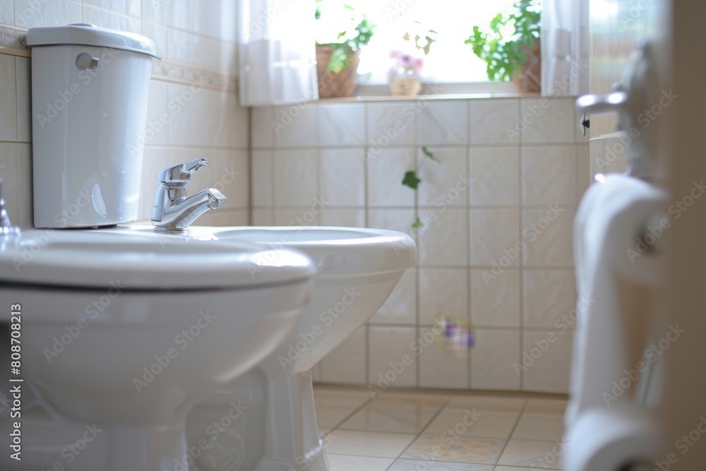 Fototapeta premium A clean bathroom setup with a sink, a mirror, toilet, and houseplants giving a refreshing ambiance