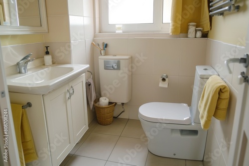 Warm and inviting bathroom with light tiles  featuring a sink  toilet  and yellow towels for a splash of color