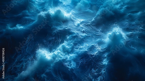 A cinematic shot of a deep blue ocean with flashes of sapphire light streaming through the water, mimicking the vibrant and dynamic nature of ocean currents under moonlight.