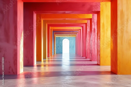 Colored architectural corridor with empty wall  concrete floor  horizon line 3d render illustration mock up
