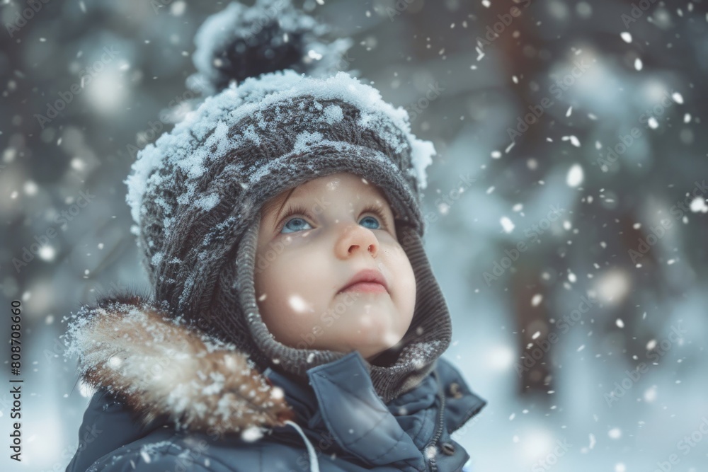 A small child bundled up in winter wear gazes upward during a snowy day A small child bundled up in winter wear gazes upward during a snowy day
