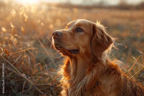 A majestic golden retriever looks pensively into the distance during the golden hour in a serene field