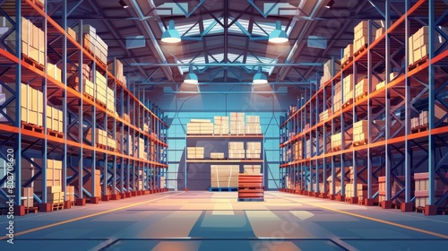 Inventories are visible inside the empty warehouse. Cartoon modern illustration of a hangar or warehouse with metallic racks and shelves, wooden pallets, and lamps. Distribution depot for cargo. photo