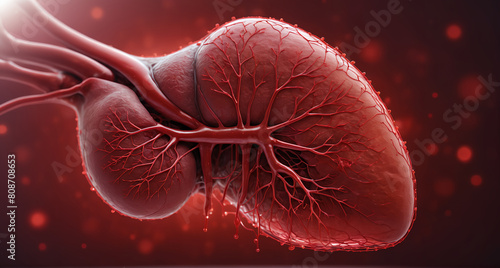 A detailed and realistic illustration of a human liver with a rich red color and glossy texture, showcasing the complex network of blood vessels photo