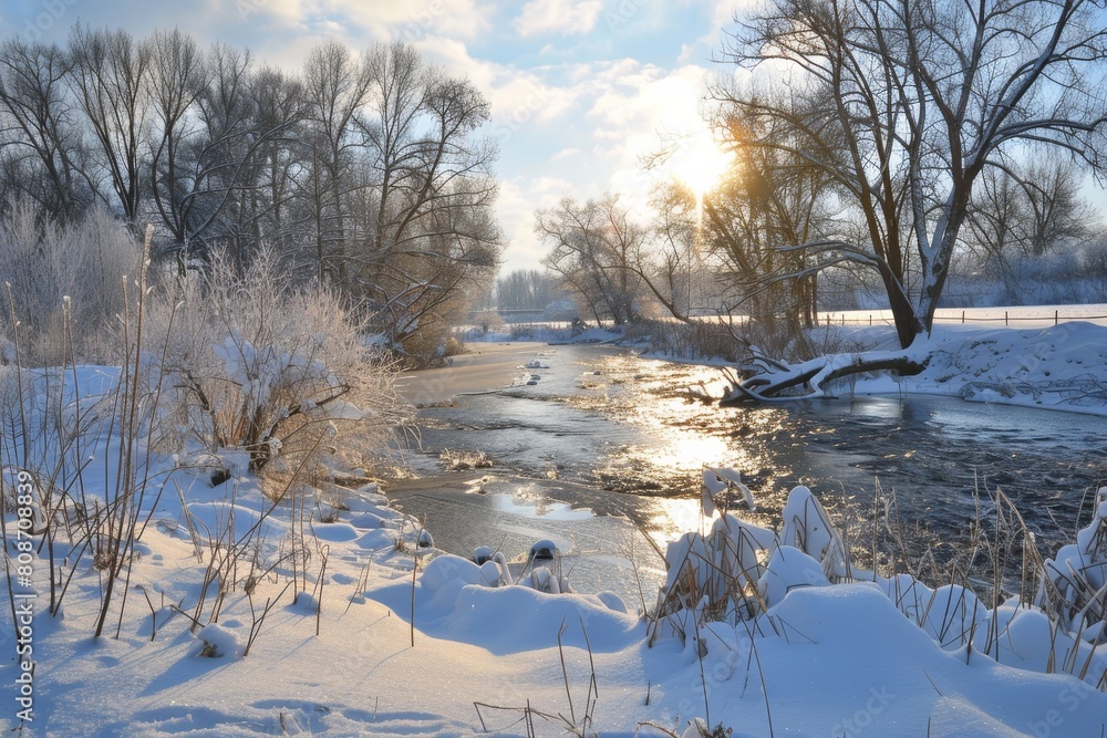 A serene winter river scene where sunlight dapples over a partially frozen stream surrounded by snow-laden trees A serene winter river scene where sunlight dapples over a partially frozen stream surrounded by snow-laden trees