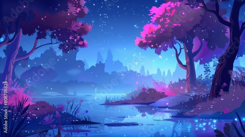 An illustration of a natural landscape with a lake or river in the forest. A fantasy cartoon modern illustration of a water pond or swamp in the forest with pink and purple trees  bushes and grass on