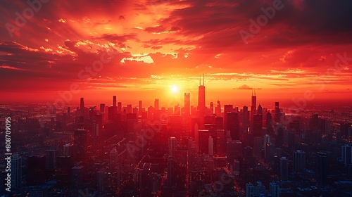 A city skyline silhouetted against a burnt sunset, where the sky transitions from vivid red to deep orange, highlighting the outlines of buildings.