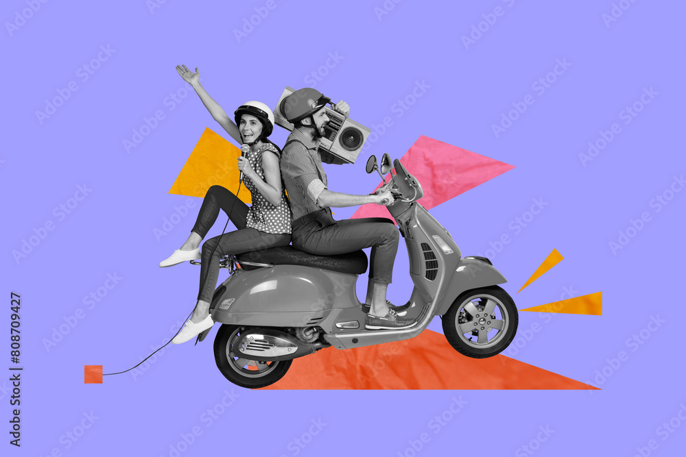 Φωτογραφία Composite photo collage of cheery couple ride scooter moped girl sing mic guy ho