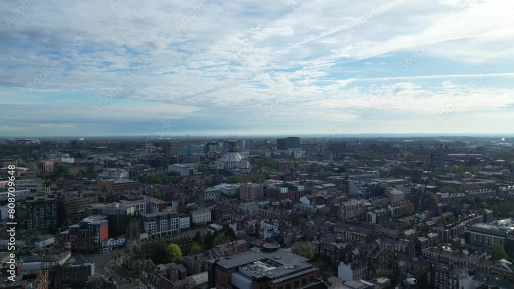 Aerial View of Historical and Modern British City Centre of Liverpool, The Maritime city in northwest England, United Kingdom. May 5th, 2024 Aerial View of Historical and Modern British City Centre of Liverpool, The Maritime city in northwest England, United Kingdom. May 5th, 2024