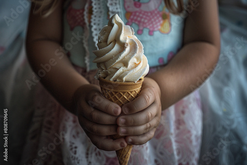 Close up image of girl hold tasty ice cream made by generative ai