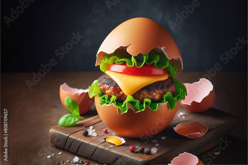 A hamburger with cheese, lettuce, cucumber and tomato is born from an egg.