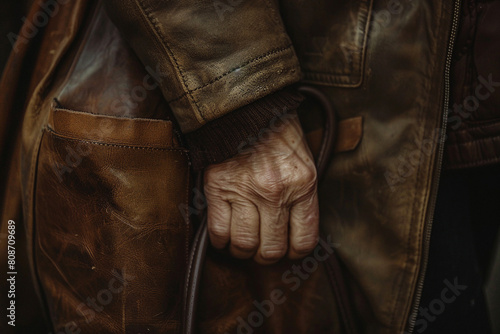 Close up image of person hand carry old bag created with generative ai concept © Tetiana