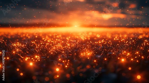 A close-up of glowing embers scattered across a rich amber field, each ember casting a soft, warm light that illuminates the surrounding area with a cozy, inviting glow. © LuvTK