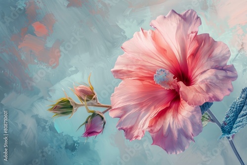 Delicately painted in watercolor, the Hollyhock flower graces the canvas with its tall, slender stems and abundance of colorful blooms, reminiscent of a summer garden in full bloom. photo
