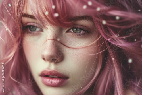 Striking Beautiful pink hair girl. Cute female portrait art style. Generate Ai