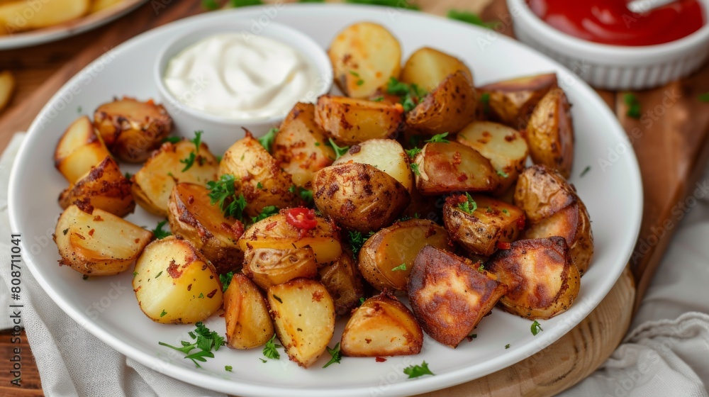 Air Fryer Roast Potatoes on white plate with ketchup and mayo dip.Top view Air Fryer Roast Potatoes on white plate with ketchup and mayo dip.Top view