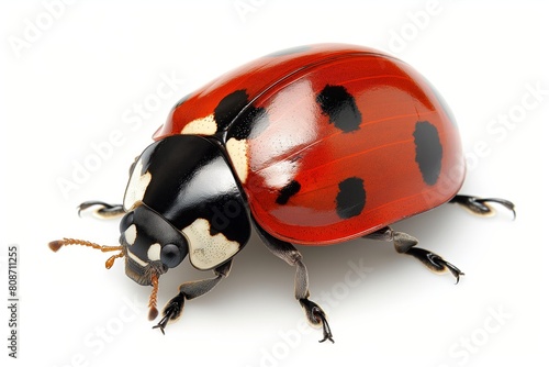 Macro shot of a ladybug showcasing detailed textures and vibrant colors, isolated on white