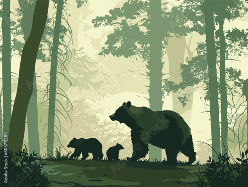 waiter background, A family of bears foraging for food in the shade of giant trees., very simple and isolate in the style of animated illustrations, waiter background