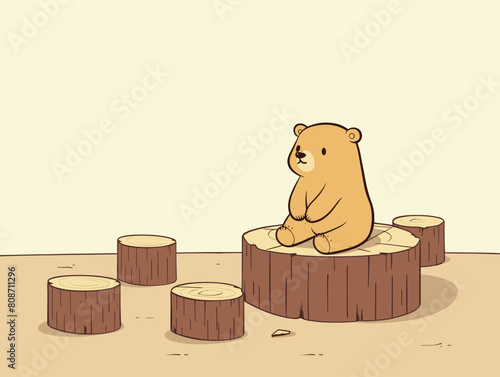 waiter background, A sad-looking animal sitting among the stumps of its former home., very simple and isolate in the style of animated illustrations, waiter background