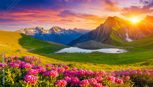 A scenic landscape with a mountain range in the background, a lake in the foreground, and a field of vibrant pink flowers in the middle ground. The sky is filled with a beautiful sunset, creating a wa