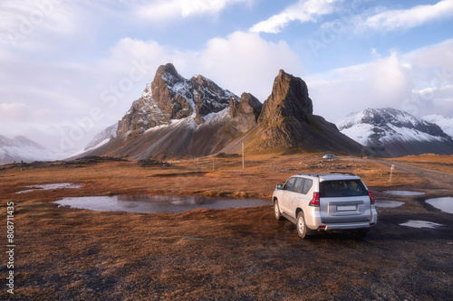 Eystrahorn and Hvalnes Beach at the southeast tip of Iceland during sunset in autumn