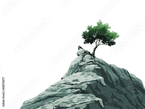 white background, A mountain peak with a lone tree clinging to the rocky summit., very simple and isolate in the style of animated illustrations, white background