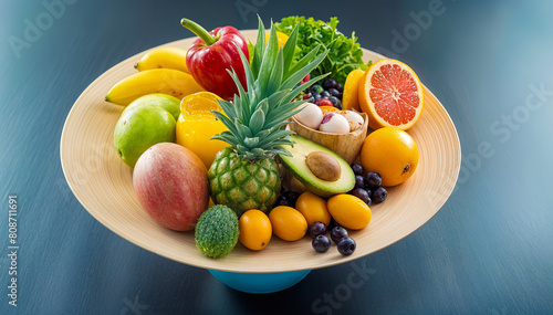 A colorful assortment of fresh fruits and vegetables including pineapple  oranges  apples  grapes  avocado  and leafy greens arranged on a wooden