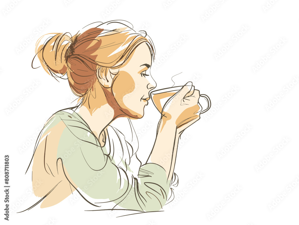 white background, An illustration of a person taking a break with a cup of tea., very simple and isolate in the style of animated illustrations, white background white background, An illustration of a person taking a break with a cup of tea., very simple and isolate in the style of animated illustrations, white background