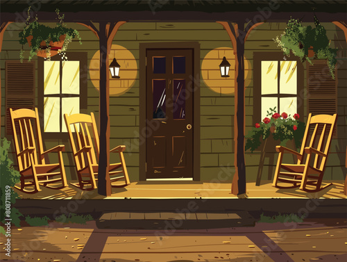 wither background, Elda house with a wooden porch and rocking chairs., very simple and isolate in the style of animated illustrations, wither background