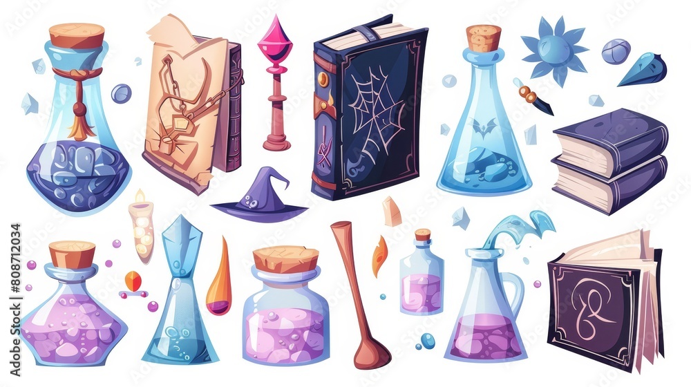 Magic elements set for witches and wizards. Cartoon modern illustration set of spiritual books, glass bottles with potion, cauldron with mystery liquid, and ingredients for making medicine.
