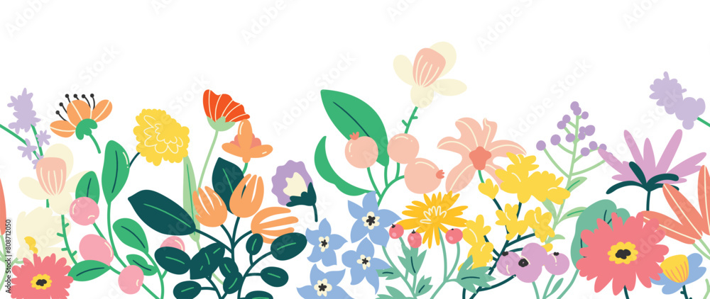 Spring flat flower background vector. Horizontal seamless floral pattern. Botanical art print for Happy Easter, Folk style home decor , Wall decoration, and fabric. 