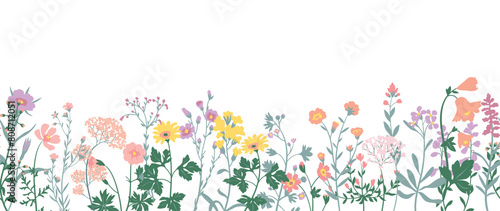 Spring flat flower background vector. Horizontal seamless floral pattern. Botanical art print for Happy Easter, Folk style home decor , Wall decoration, and fabric. 