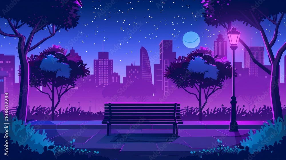 An embankment with a bench on a street at night. View of a purple midnight cityscape and garden landscape. Summer outdoor seaside in town. A panoramic urban nature scene with a view of the sky.