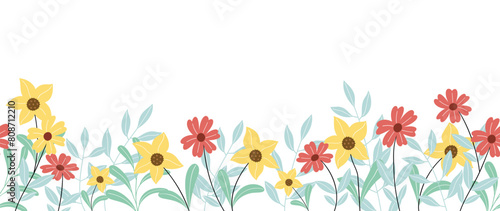 Spring flat flower background vector. Horizontal seamless floral pattern. Botanical art print for Happy Easter  Folk style home decor   Wall decoration  and fabric. 