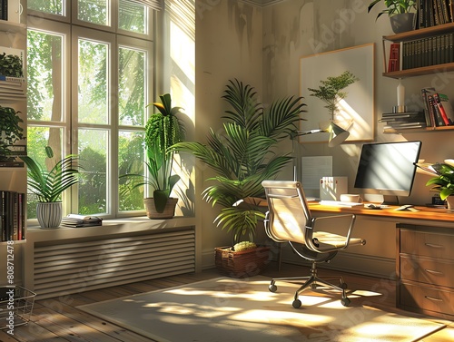 A home office with a large window, a desk, a comfortable chair, a throw rug, and several plants photo