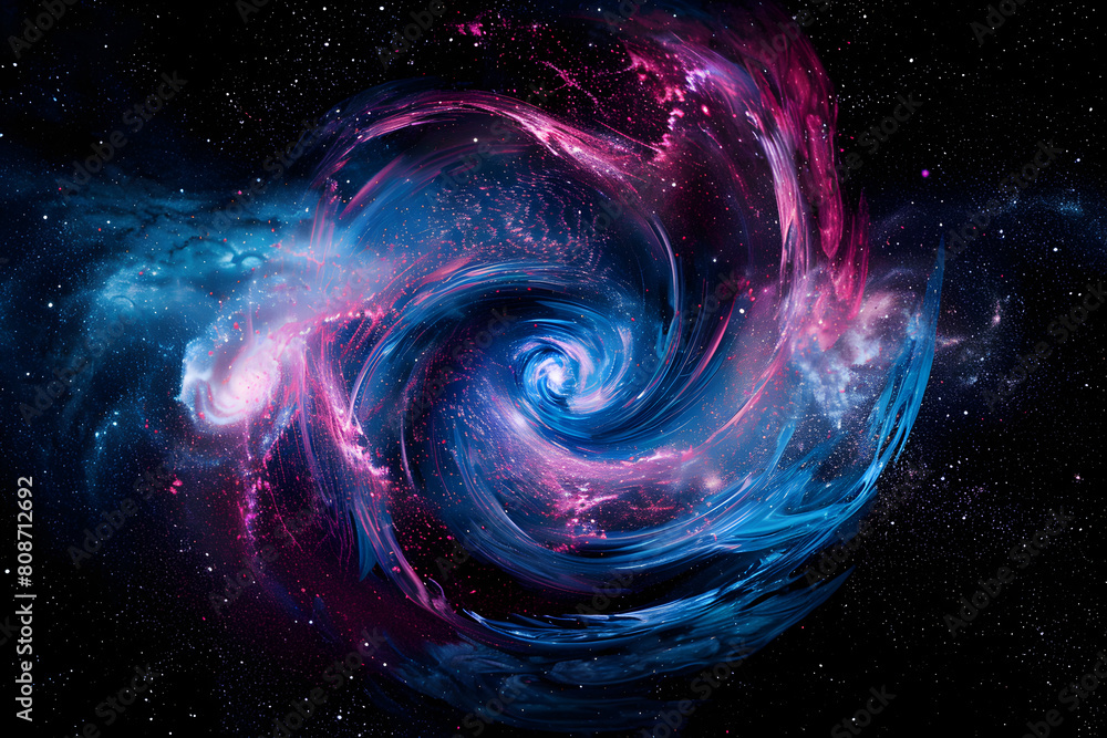 Vibrant neon cosmic galaxy with swirling pink and blue nebula. Abstract art on black background.