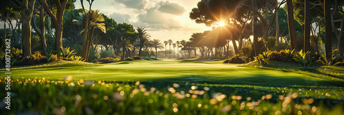 Golf Course at Sunset, Lush Green Fairways Under a Pastel Sky, A Relaxing Evening of Sport and Leisure photo