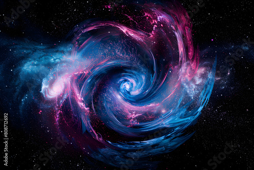 Vibrant neon cosmic galaxy with swirling pink and blue nebula. Abstract art on black background.