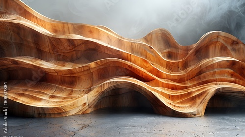 A conceptual art piece where wood grain patterns are transformed into a flowing, organic landscape, interpreting the wood’s natural lines as geographical features in a surreal setting. photo