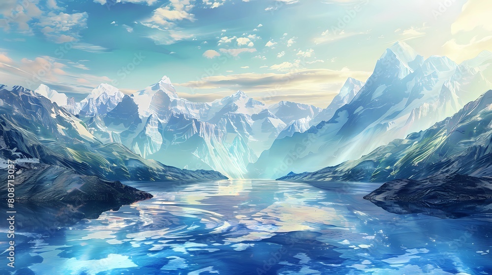 Fantasy landscape with mountains, lake and sky, Generative AI illustrations.
